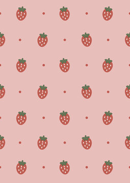 Cute strawberry seamless pattern with red polka dots on pink background. Vector illustration of adorable hand drawn strawberries backdrop for textile, wallpaper, and fabric design.