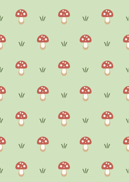 Cute mushroom seamless pattern with small green grass on light green background. Vector illustration of adorable red mushrooms backdrop for textile, wallpaper, and fabric design.