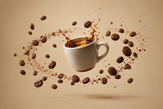 Floating coffee cup with dynamic splash and roasted beans swirling in a minimalist composition.
