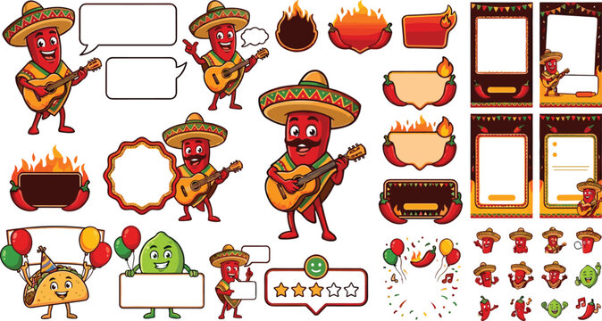 Mexican chili pepper mascot cartoon character set with guitar taco fire frames for restaurant food promotion banner vector