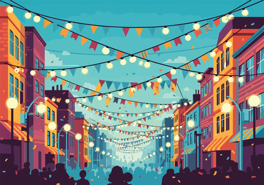 A vibrant street scene with colorful flags and lights