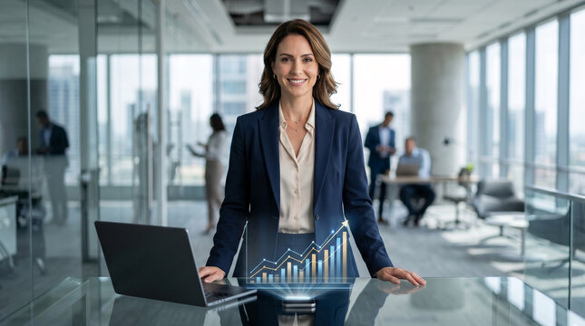 Businesswoman presenting holographic growth chart with laptop in modern office