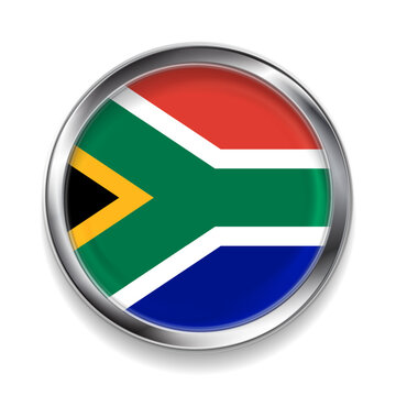 Metallic circle badge with official national flag of the Republic of South Africa. Vector design