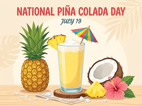 Colorful celebration of national pia colada day with tropical fruits and refreshing drink illustration