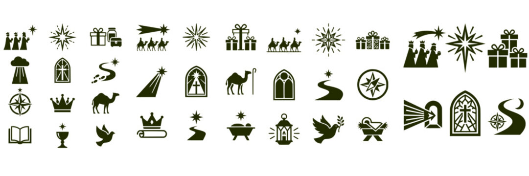 Epiphany and Christian Nativity Religious Silhouette Icon Set Featuring Magi and Bethlehem Star