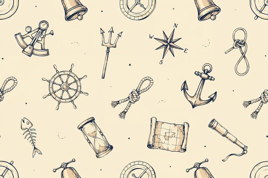 Seamless pattern of vintage nautical equipment including anchors, compasses, bells, ropes, telescopes, and maps on a light beige background