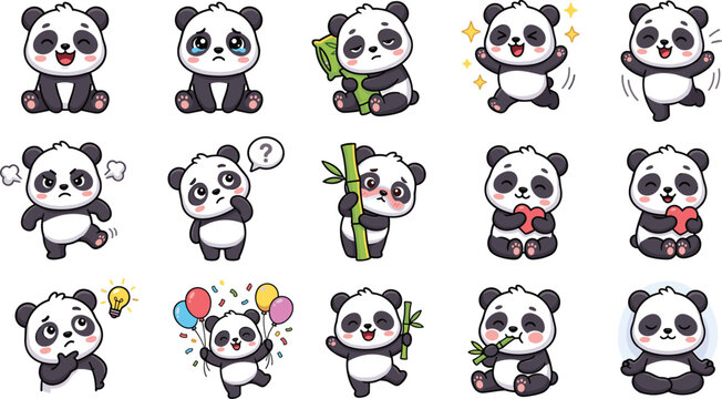 Cute panda bear cartoon character mascot sticker set with various facial expressions and emotional reactions vector illustration