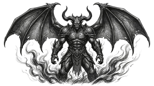 Dark Demon Creature with Horns and Wings Emerging from Smoke.