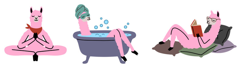 Cute pink llama self care set with llama meditating yoga, relaxing in bubble bath with towel and reading book on pillows for wellness spa mental health and relax concept. Flat vector illustration © Tollaru