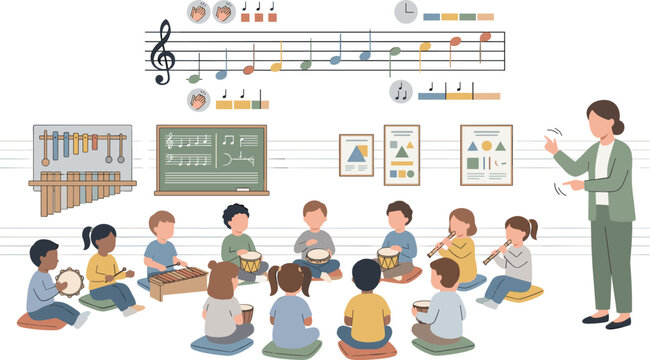 Cute children playing musical instruments in classroom circle with teacher flat vector illustration for elementary school education banner