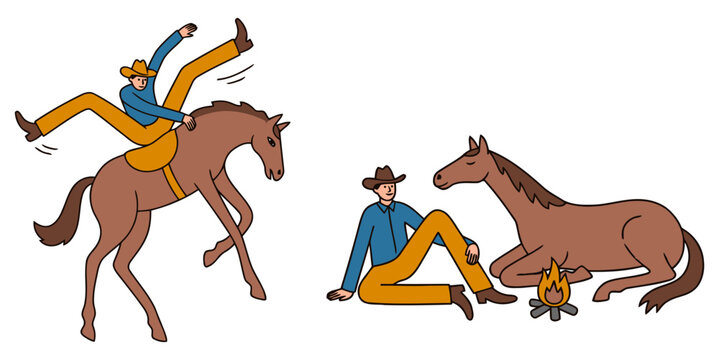 Funny cowboy horse set with rider falling off bucking bronco and cowboy relaxing with horse by campfire for wild west rodeo ranch adventure and western lifestyle. Flat vector illustration