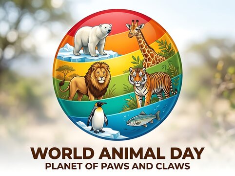 Colorful world animal day illustration featuring diverse wildlife and ecosystems in vibrant design