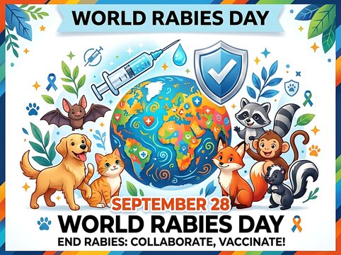 Colorful world rabies day poster with animals and vaccination symbols promoting awareness and prevention globally
