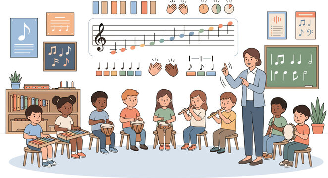Children playing musical instruments in classroom with teacher flat vector illustration for elementary school education website banner