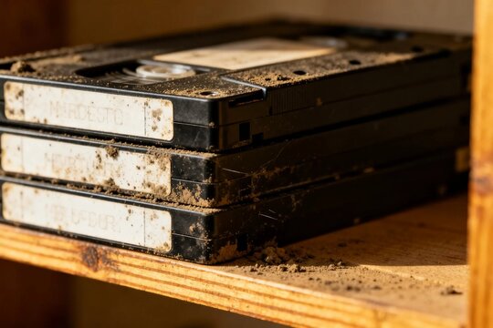 Stack of Dusty VHS Tapes on Wooden Shelf
