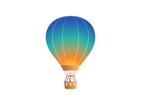 Vibrant hot air balloon with a smooth gradient design featuring a glowing flame and a small passenger sitting in the wicker basket against a clean and solid white background area.