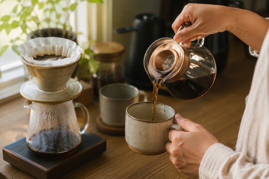 Minimal coffee brewing scenes featuring specialty equipment, cozy kitchens and artisan espresso for a modern lifestyle.