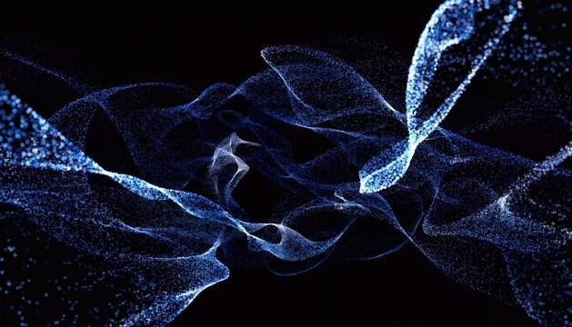 Abstract blue glowing particles form a fluid, dynamic, ethereal wave pattern against a dark background, creating a sense of motion and depth