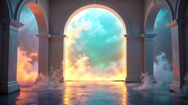 Heavenly architectural arches overlooking mystical sky and mist. 4K Video
