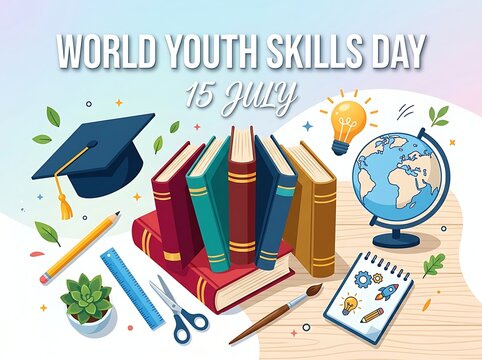 Colorful world youth skills day celebration illustration with books globe and graduation cap scene