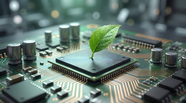 Concept of green IT and sustainable technology with a seedling emerging from a computer processor