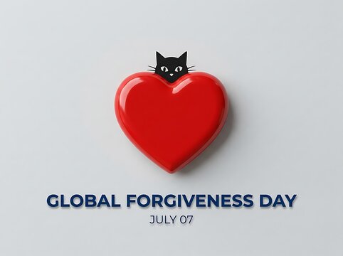 Cute black cat peeking over a red heart shape for global forgiveness day celebration concept