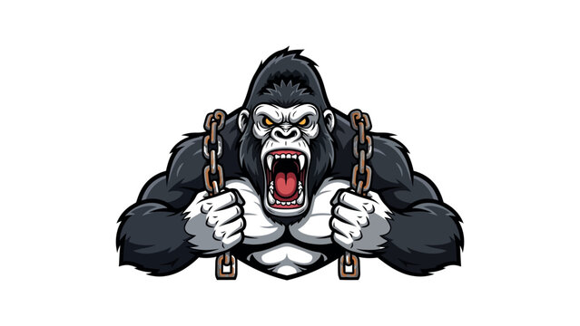 Fierce silverback gorilla breaking heavy metal chains illustration.
