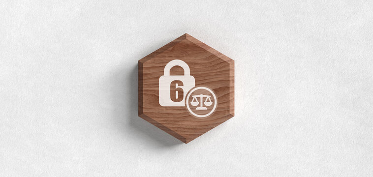 Wooden hexagonal emblem featuring a padlock icon with the number six and a scale of justice, representing legal age restrictions and regulatory frameworks for legal matters