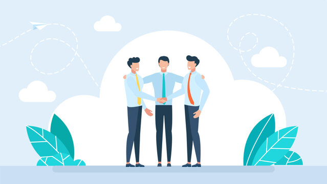 Professional mediator helping two businessmen shake hands, representing successful negotiation, corporate partnership deal, dispute resolution and compromise. Vector illustration.