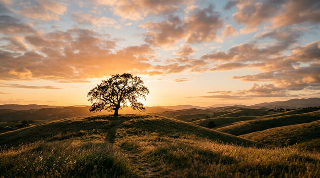 Lonely Tree Standing on Rolling Hills at Sunset