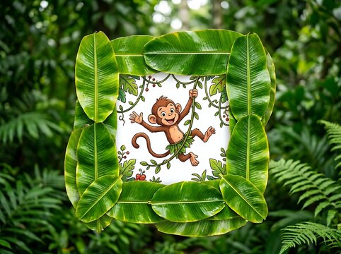 Cute cartoon monkey swinging on vines inside a leaf frame illustration surrounded by lush green foliage