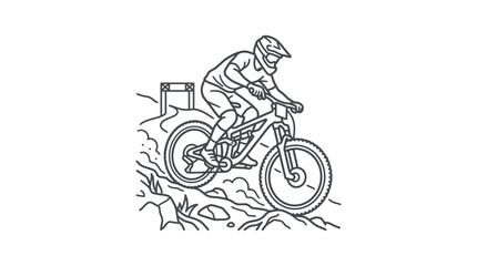 Obraz premium Mountain biker riding downhill on rocky terrain line icon.