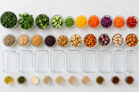 Healthy meal prep and food storage with organized ingredients, portion control and fresh containers for easy weekly nutrition.