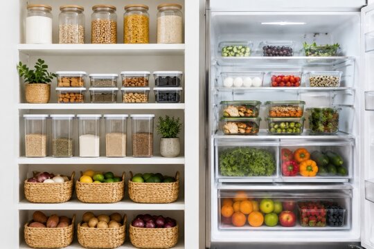 Healthy meal prep and food storage with organized ingredients, portion control and fresh containers for easy weekly nutrition.