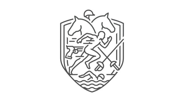 Modern pentathlon shield icon with multi sport athlete symbols.