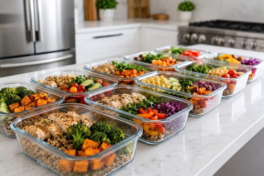 Healthy meal prep and food storage with organized ingredients, portion control and fresh containers for easy weekly nutrition.