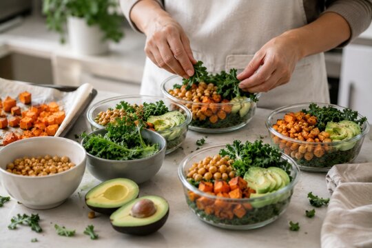 Healthy meal prep and food storage with organized ingredients, portion control and fresh containers for easy weekly nutrition.