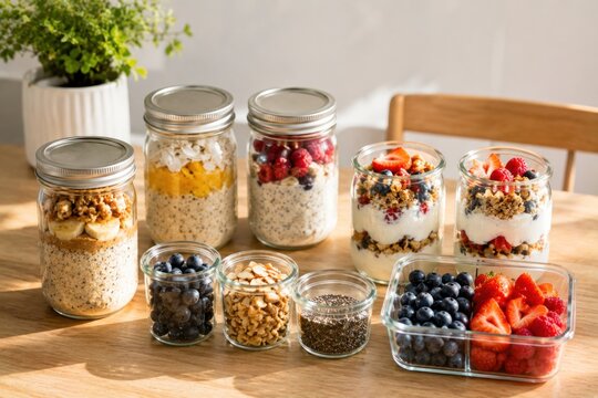 Healthy meal prep and food storage with organized ingredients, portion control and fresh containers for easy weekly nutrition.