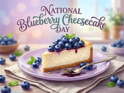 Delicious slice of blueberry cheesecake on a plate with fresh berries and sauce celebration