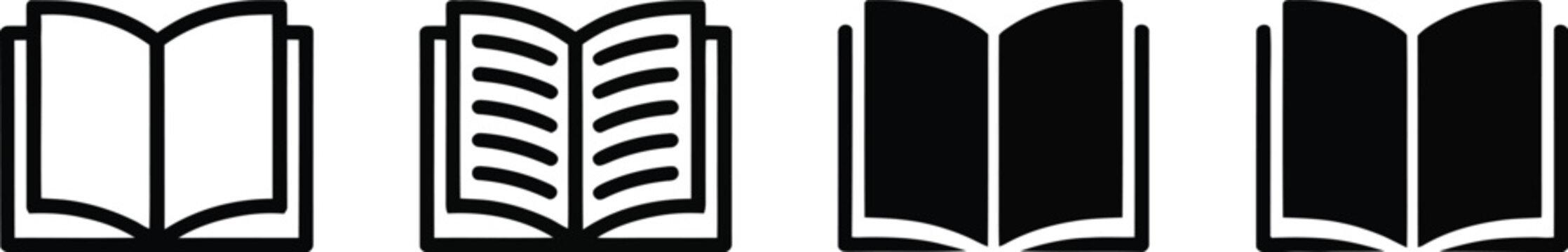 Open book, icon set, simple reading symbols for education libraries learning materials knowledge sharing and literature concepts.