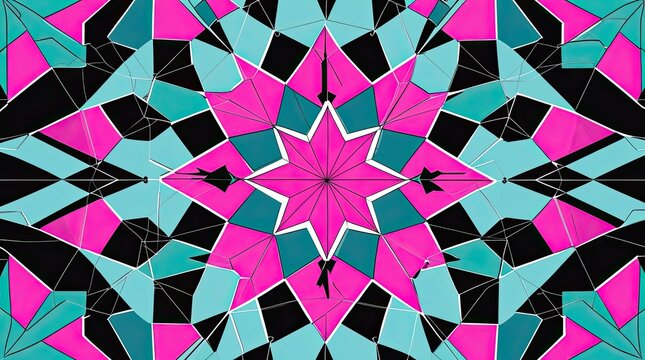 Colorful geometric kaleidoscope pattern with pink and blue star shapes design