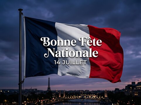 French national flag waving proudly with eiffel tower and cityscape in the background during dusk celebration
