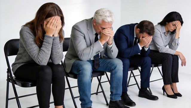 Group of diverse people sitting in a row on chairs, looking stressed, anxious and depressed while waiting for job interview results or bad news, covering faces with hands.