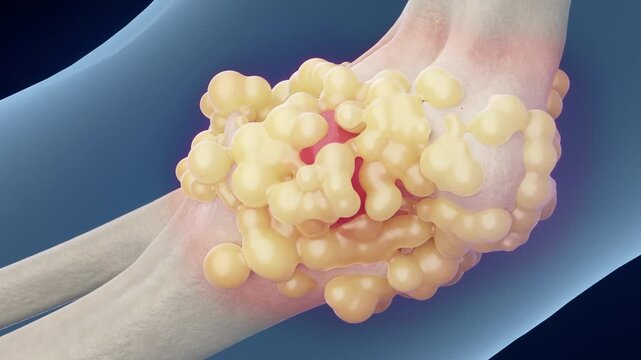 3D animation of gout crystal growth in the knee joint &ndash; crystals enlarge, causing intense pain, synovitis, and bone erosion. Visualizing gouty arthritis and tophi formation.