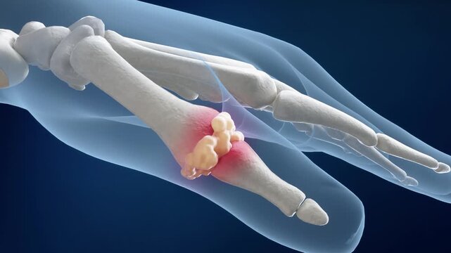 Gout crystals grow and enlarge within the thumb joint, triggering severe pain, swelling, and inflammation. 3D animation of gouty arthritis progression, showing crystal deposition and joint tissue dama