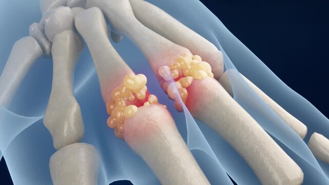 Gout crystals grow and enlarge within the finger joint, triggering severe pain, swelling, and inflammation. 3D animation of gouty arthritis progression, showing crystal deposition and joint tissue dam