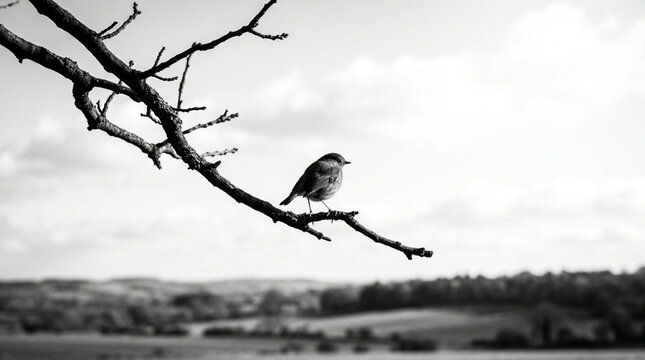 Small bird perched on a bare branch in monochrome landscape