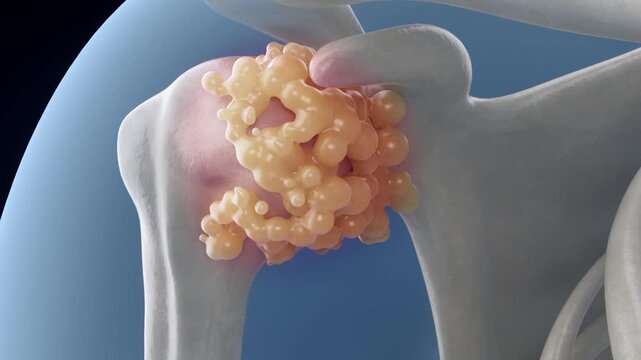 Gout crystals grow and expand within the shoulder joint, causing severe pain and inflammation. 3D animation of gouty arthritis progression in the shoulder, showing crystal enlargement and joint damage
