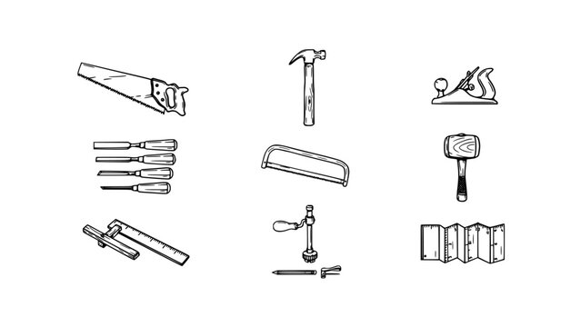 Hand Tools and Woodworking Equipment Including Saws, Hammers, Chisels, Planes, and Clamps Featuring Saw, Hammer, Chisel