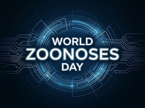 Futuristic glowing world zoonoses day text with digital circuit design and tech elements